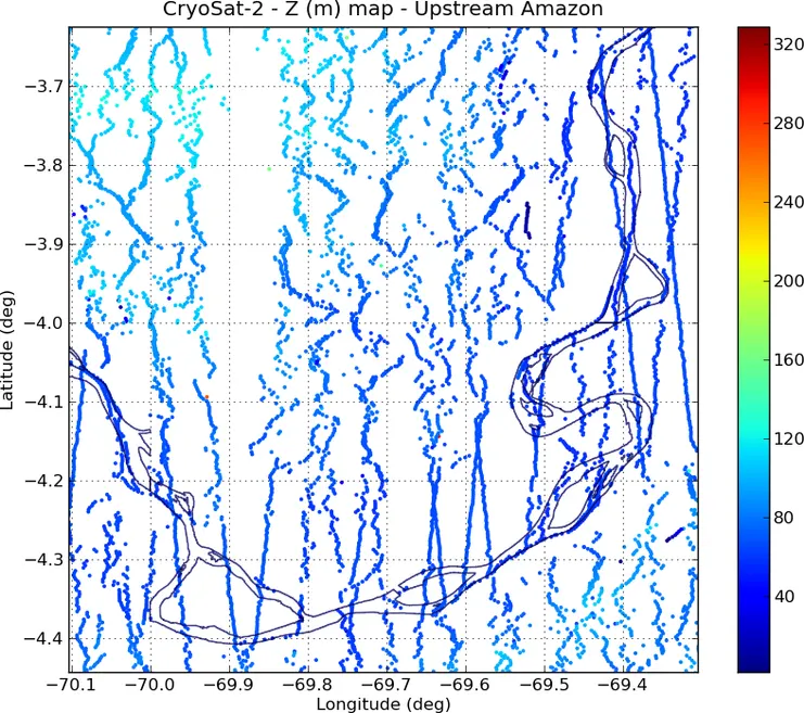 Fig. A : Map of surface topography, derived from ESA Cryosat-2 SARin L2 products over the Solimões river (Brazil). A lot of the SARin measurements are focused on the river network sometimes kilometers away from the satellite's ground track. sarin_maps_surface_topography_upstream_amazon